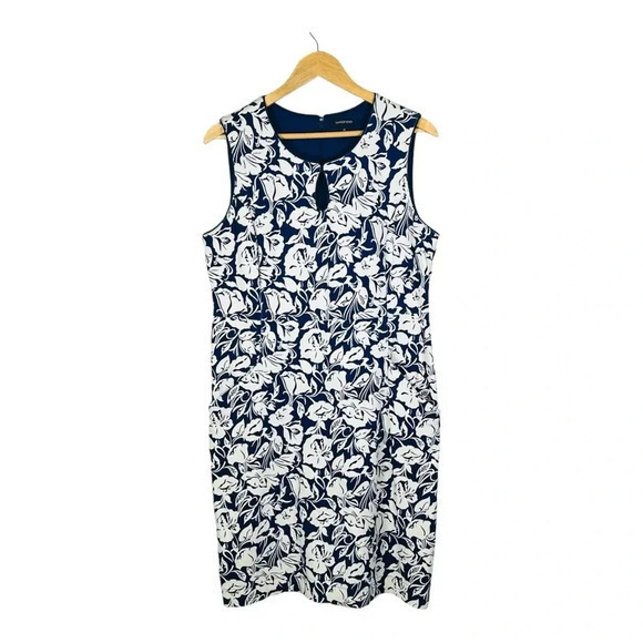 Lands' End Navy Blue White Floral Shift Dress Keyhole Women Plus‎ Size 14 - Picture 1 of 10
